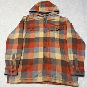 LL Bean Flannel Fleece Lined Hoodie Mens XL Orange Tartan Plaid Workwear Shacket